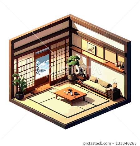 傳統日式客廳、榻榻米、日式室內插畫、圖標素材 133340263