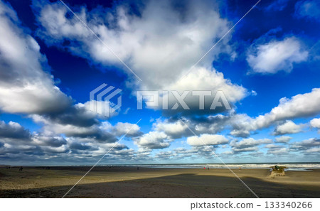 Vast beach scene featuring tranquil waters and thick clouds overhead Vast beach scene featuring tranquil waters and thick clouds overhead 133340266