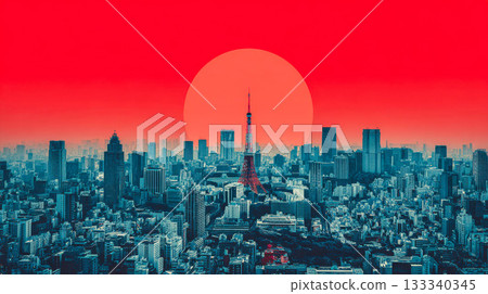 日本國旗和未來主義的城市景觀象徵日本經濟和首都東京的繁榮。 日本國旗和未來主義的城市景觀象徵日本經濟和首都東京的繁榮。 133340345