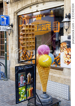 Colorful Ice Cream and Waffle Display Outside a Charming Dessert Shop in Brussels Colorful Ice Cream and Waffle Display Outside a Charming Dessert Shop in Brussels 133340384
