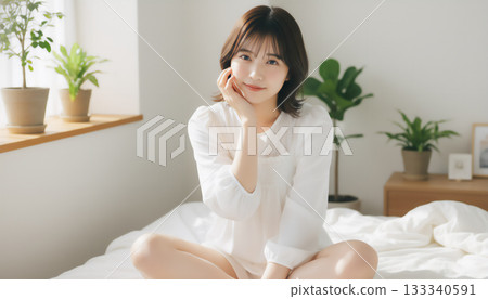 在一間充滿自然光的白色房間裡，一位神態平靜的女子的肖像 133340591