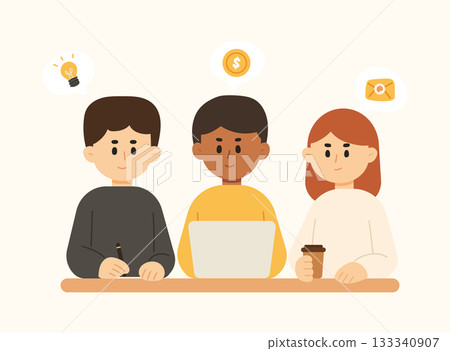 Flat cartoon illustration of office meeting and brainstorming. Working space concept. Flat cartoon character vector illustration 133340907