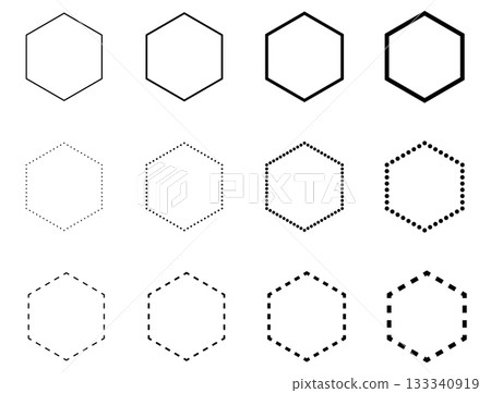 Set of Twelve Hexagon Frames and Borders with Varying Line Weights and Styles. 133340919