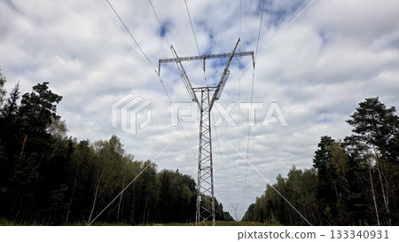Transmission tower in forested landscape under cloudy sky Transmission tower in forested landscape under cloudy sky 133340931
