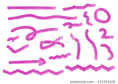 Collection of Pink Marker Hand-Drawn Design Elements: Lines, Arrows, and Scribbles. 133341026