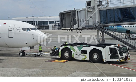This white passenger jet, bearing the "SKYTEAM" logo, is being pushed back from the airport gate. This white passenger jet, bearing the "SKYTEAM" logo, is being pushed back from the airport gate. 133341052