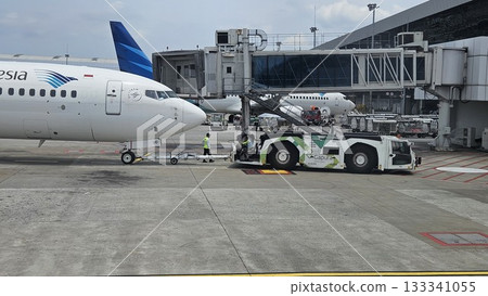 This white passenger jet, bearing the "SKYTEAM" logo, is being pushed back from the airport gate. This white passenger jet, bearing the "SKYTEAM" logo, is being pushed back from the airport gate. 133341055