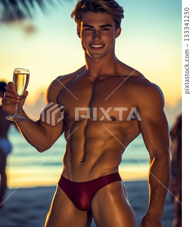 Handsome Male Model in Red Bikini Partying at Beachside 133341250