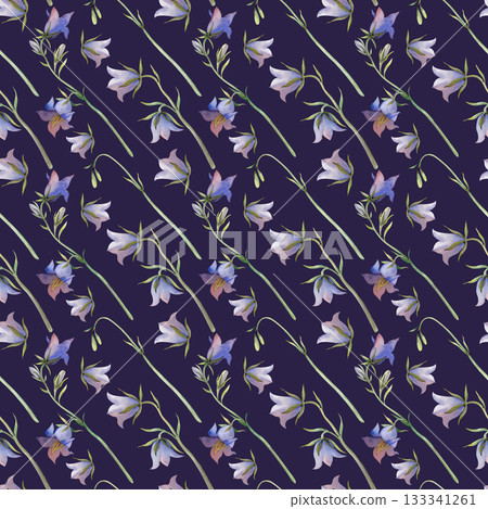 Seamless pattern with bluebells. Watercolor illustration with blue wildflowers on a dark blue background. Diagonal botanical background for textiles, wallpaper, dishes. Seamless pattern with bluebells. Watercolor illustration with blue wildflowers on a dark blue background. Diagonal botanical background for textiles, wallpaper, dishes. 133341261
