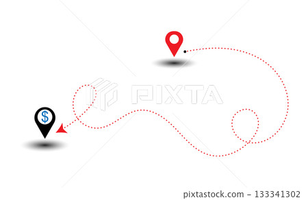 Money Destination Pin Connected by Winding Red Dotted Path. 133341302