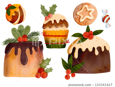 Festive assortment of delicious desserts. Christmas cookies decorated with chocolate icing, holly, and red berries. Gingerbread cookies in the shape of a Christmas tree. Winter holiday cake 133341427