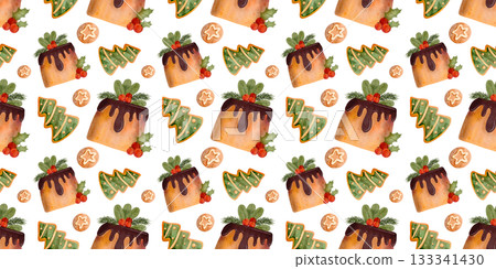 Seamless Christmas pattern. Festive cake and gingerbread cookies in the shape of a Christmas tree. Christmas pie decorated with icing, holly, and red berries. Winter holiday fruitcake Seamless Christmas pattern. Festive cake and gingerbread cookies in the shape of a Christmas tree. Christmas pie decorated with icing, holly, and red berries. Winter holiday fruitcake 133341430