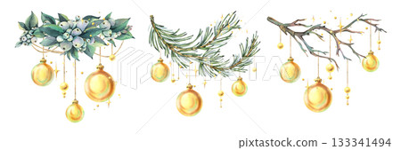 Golden baubles with beads hung on snowberry, pine, and bare branches. Hand-painted watercolor illustration. A set of Christmas, New Year, and winter compositions for decor and design. 133341494