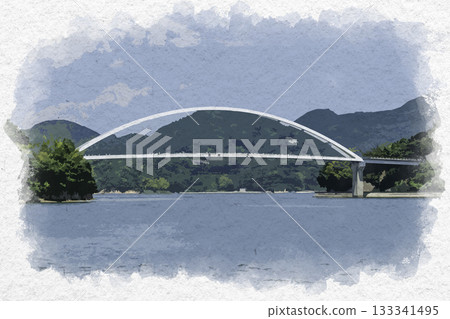 Watercolor style: Akinada Tobishima Kaido, Okamura Bridge, Kure City, Hiroshima Prefecture Watercolor style: Akinada Tobishima Kaido, Okamura Bridge, Kure City, Hiroshima Prefecture 133341495
