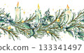A seamless border pattern of pine branches, snowberry twigs, burning candles, gold beads, and shimmer. Hand-drawn watercolor illustration. A Christmas and winter composition for decor and design. 133341497