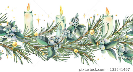 A seamless border pattern of pine branches, snowberry twigs, burning candles, gold beads, and shimmer. Hand-drawn watercolor illustration. A Christmas and winter composition for decor and design. A seamless border pattern of pine branches, snowberry twigs, burning candles, gold beads, and shimmer. Hand-drawn watercolor illustration. A Christmas and winter composition for decor and design. 133341497