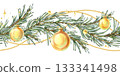 A seamless border pattern of pine branches with Christmas shimmer, golden baubles, and hanging beads. Hand-drawn watercolor illustration. A Christmas and winter composition for decor and design. 133341498