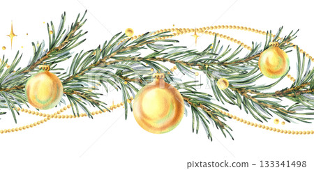 A seamless border pattern of pine branches with Christmas shimmer, golden baubles, and hanging beads. Hand-drawn watercolor illustration. A Christmas and winter composition for decor and design. A seamless border pattern of pine branches with Christmas shimmer, golden baubles, and hanging beads. Hand-drawn watercolor illustration. A Christmas and winter composition for decor and design. 133341498