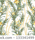 A seamless pattern with pine branches, gold stars, glitter, and beads in vertical garlands. Hand-drawn watercolor illustration. A Christmas, New Year, and winter ornament for decor and design. 133341499