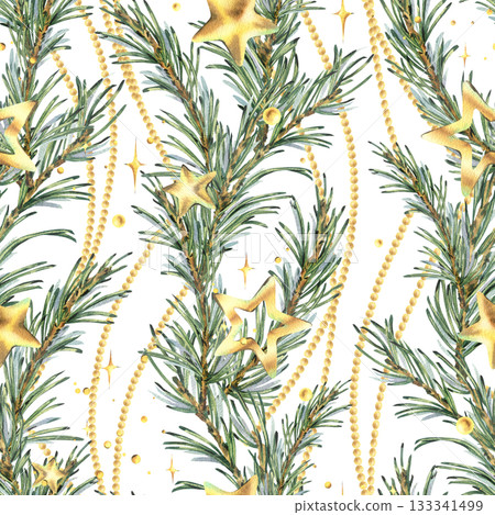 A seamless pattern with pine branches, gold stars, glitter, and beads in vertical garlands. Hand-drawn watercolor illustration. A Christmas, New Year, and winter ornament for decor and design. 133341499
