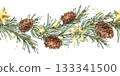 A seamless border pattern of pine branches and cones with Christmas glitter, gold stars, and beads. Hand-drawn watercolor illustration. A Christmas and winter composition for decor and design. 133341500