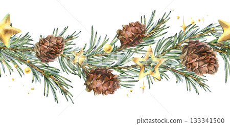 A seamless border pattern of pine branches and cones with Christmas glitter, gold stars, and beads. Hand-drawn watercolor illustration. A Christmas and winter composition for decor and design. A seamless border pattern of pine branches and cones with Christmas glitter, gold stars, and beads. Hand-drawn watercolor illustration. A Christmas and winter composition for decor and design. 133341500