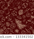 Hand-drawn line art seamless pattern with pine cones, cinnamon, candles and Christmas sweets on red background. Festive graphic design for holiday wrapping paper, seasonal branding, winter home decor 133341502