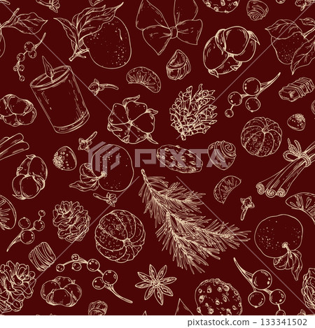 Hand-drawn line art seamless pattern with pine cones, cinnamon, candles and Christmas sweets on red background. Festive graphic design for holiday wrapping paper, seasonal branding, winter home decor Hand-drawn line art seamless pattern with pine cones, cinnamon, candles and Christmas sweets on red background. Festive graphic design for holiday wrapping paper, seasonal branding, winter home decor 133341502