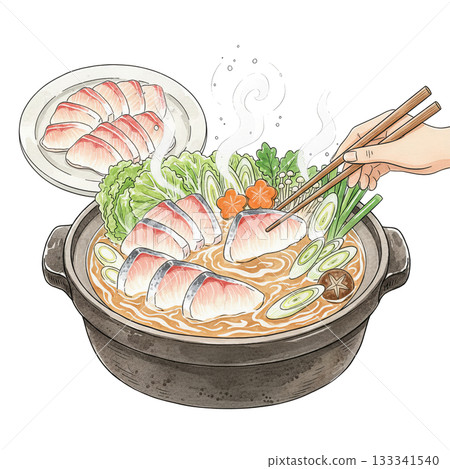 黃尾魚涮涮鍋（黃尾魚涮涮鍋）和蔬菜砂鍋，熱騰騰的日式冬季美食，手繪插圖 133341540
