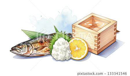 秋刀魚和清酒套裝,裝在木盒裡,展現日本料理的秋日風味,水彩插圖 秋刀魚和清酒套裝,裝在木盒裡,展現日本料理的秋日風味,水彩插圖 133341546