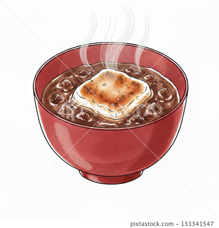 A bowl of zenzai (oshiruko) with grilled mochi, a steaming Japanese winter sweet, hand drawn illustration 133341547