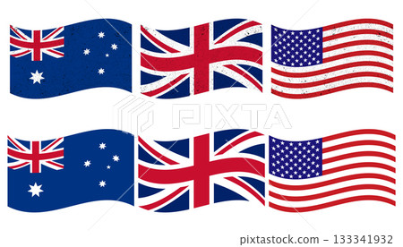 Collection of Waving Flags: Australia, UK (Union Jack), and USA with Grunge and Clean Styles. 133341932