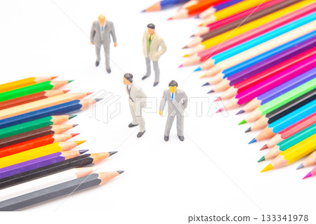 Vibrant colored pencils arranged in a fan shape on a white background 133341978