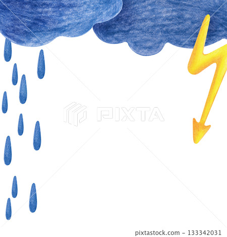 A square frame with a thunderstorm, painted with colored pencils. Pencil drawing on an isolated background. Dark clouds, lightning, and raindrops. A template with autumn weather and an empty place to 133342031