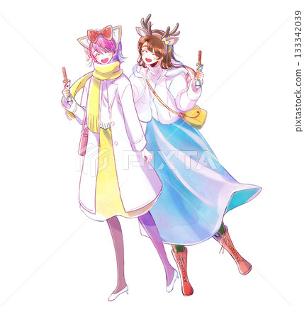 兩名女子在主題樂園遊玩，邊吃邊走，冬日時光 133342039