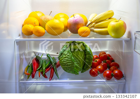 fruits and vegetables in the refrigerator. preservation of vitamin healthy food 133342107