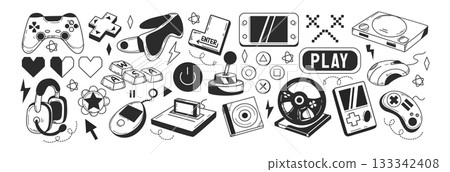 Hand drawn video game doodle set, arcade play elements, computer gaming sketch items 133342408