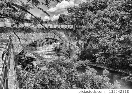 Steinerner Steg bridge, iconic landmark in Merano, South Tyrol, Italy 133342518