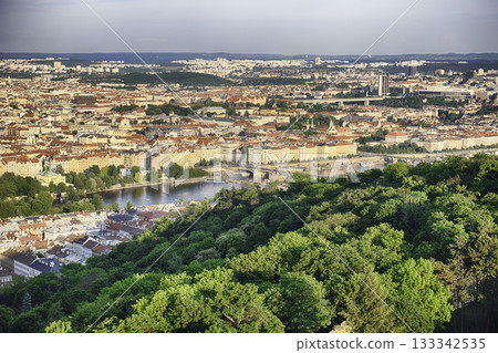 Panoramic view of Prague with Vltava river from Petrin hill Panoramic view of Prague with Vltava river from Petrin hill 133342535