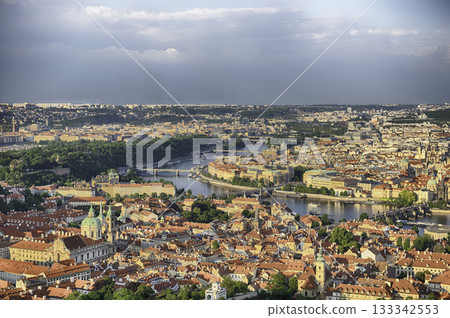 Panoramic view of Prague with Vltava river from Petrin hill 133342553