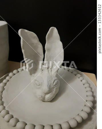 Handmade Clay Rabbit Sculpture on Beaded Dish 133342612