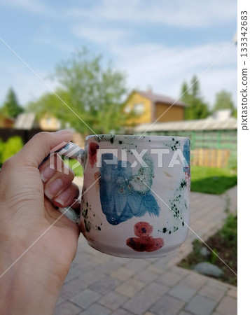 Hand-painted Mug: Enjoying A Sunny Backyard Moment 133342683
