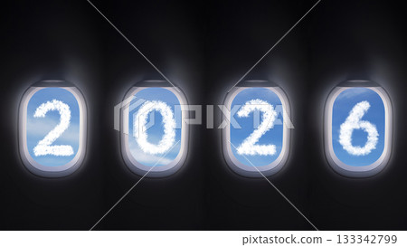 cloud 2026 outside the plane window, four airplane windows open white window shutter wide with blue sky view and white cloud in 2026 shape cloud 2026 outside the plane window, four airplane windows open white window shutter wide with blue sky view and white cloud in 2026 shape 133342799