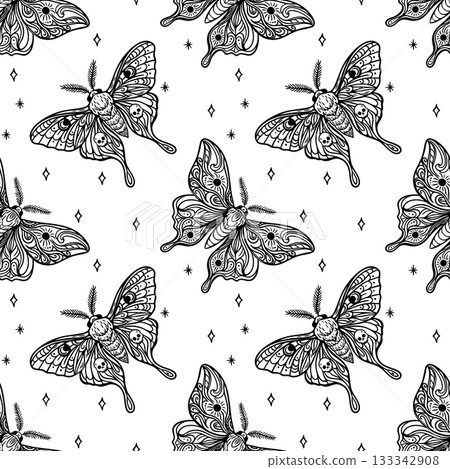 Mystical moth seamless pattern in black line art Mystical moth seamless pattern in black line art 133342908
