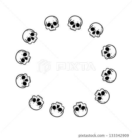 Skull circle frame in black line art illustration 133342909