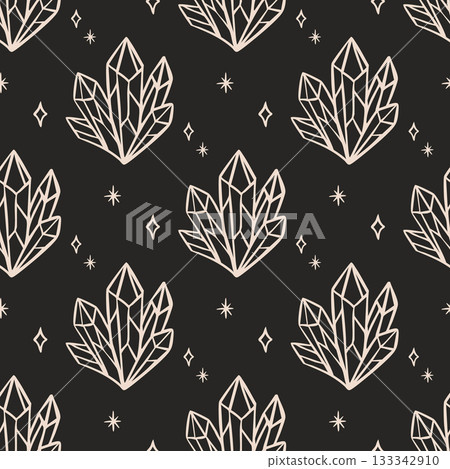 Mystical crystal seamless pattern in beige line art on black Mystical crystal seamless pattern in beige line art on black 133342910