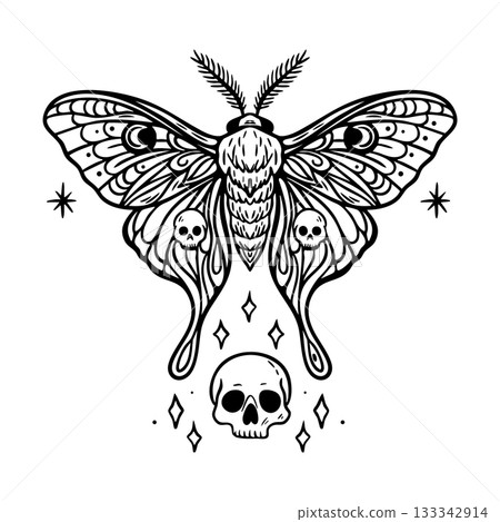 Mystical moth with skulls and celestial symbols in black line art 133342914