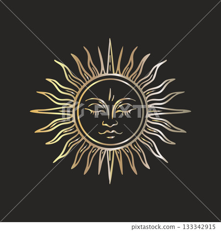 Mystical golden sun face in celestial tarot boho style 133342915