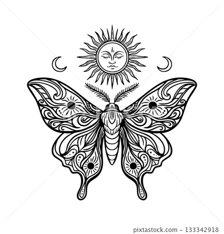 Mystic moth with sun and moon in celestial tarot boho style 133342918