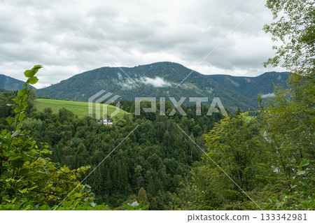 Scenic green mountain valley with forested hills and lone countryside house Scenic green mountain valley with forested hills and lone countryside house 133342981